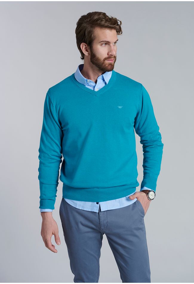 Sweater V Neck Solido F Turquoise