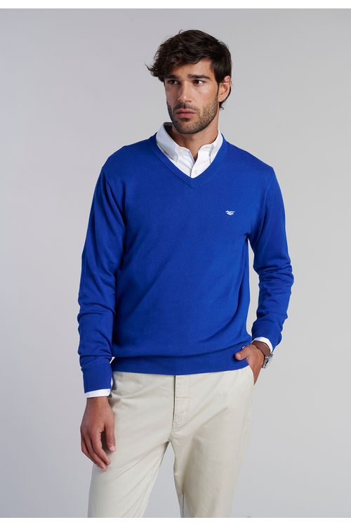 Sweater V Neck Solido F Blue