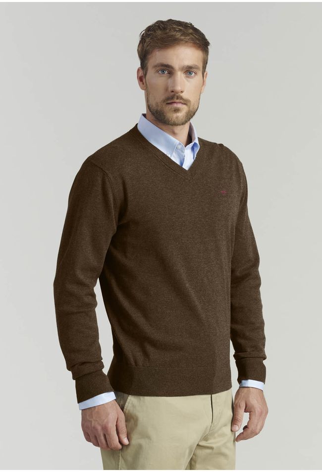 Sweater V Neck Melange F Smart Casual Brown