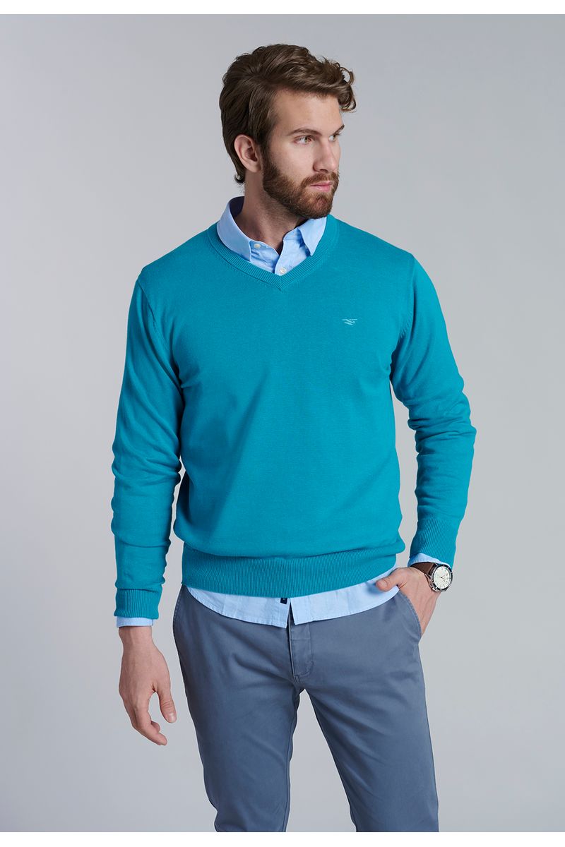 Sweater V Neck Solido F Turquoise