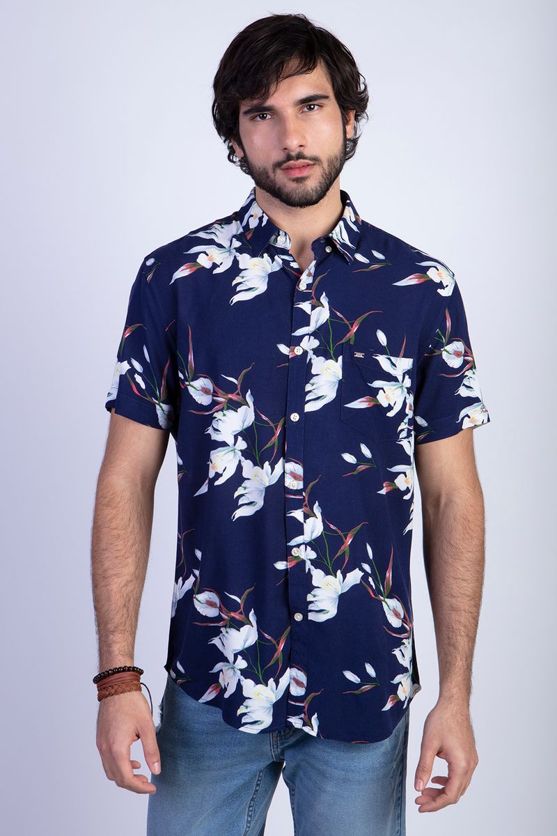 Camisa Estampada Flores Fj Navy